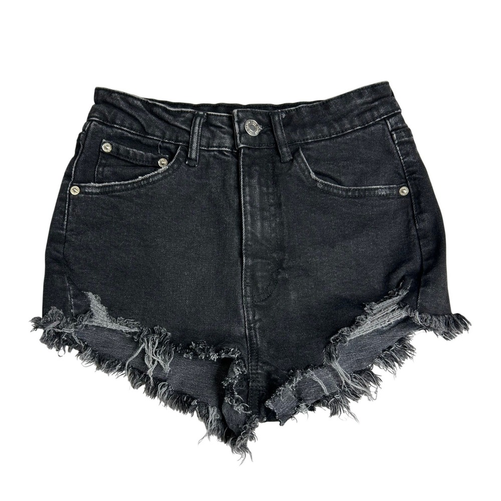 Zara Womens High Waisted Distressed Denim Shorts Black Frayed Hem Size 2
